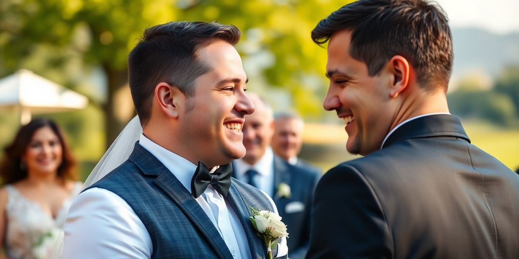 Bruder und Bräutigam in emotionalem Moment während der Hochzeit.