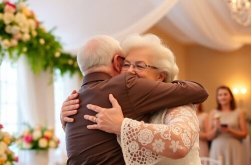 Oma umarmt ihren Enkel bei der Hochzeit.