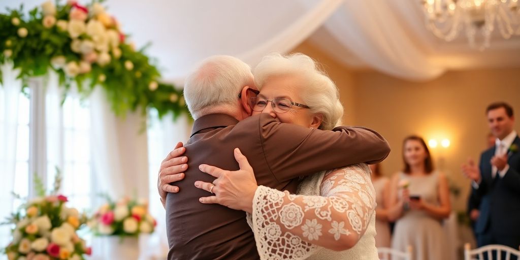 Oma umarmt ihren Enkel bei der Hochzeit.