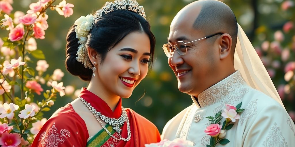 Hochzeitscouple in traditioneller Kleidung mit Blumen.